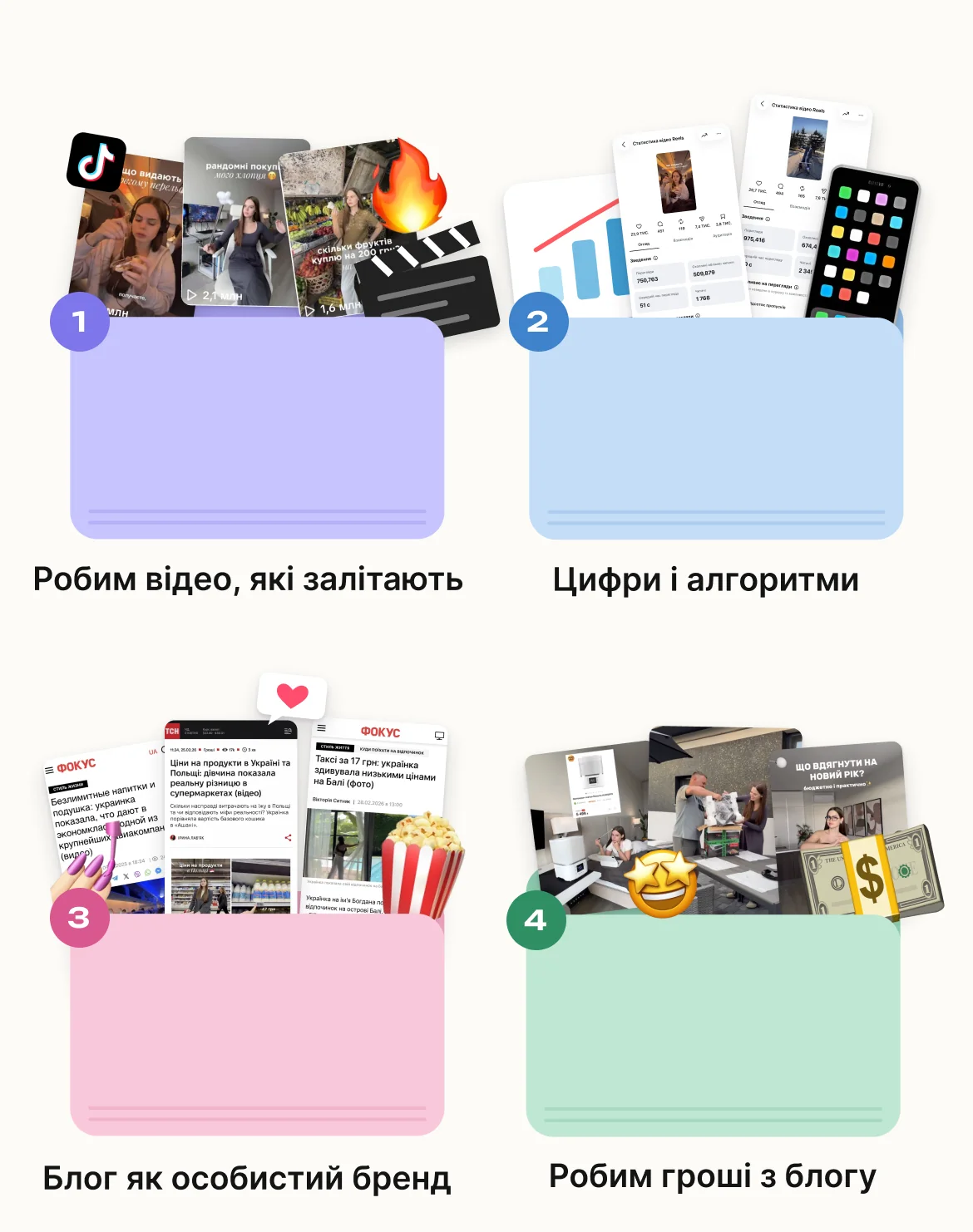 Чотири пакети: Робим відео, які залітають · Цифри і алгоритми · Блог як особистий бренд · Робим гроші з блогу